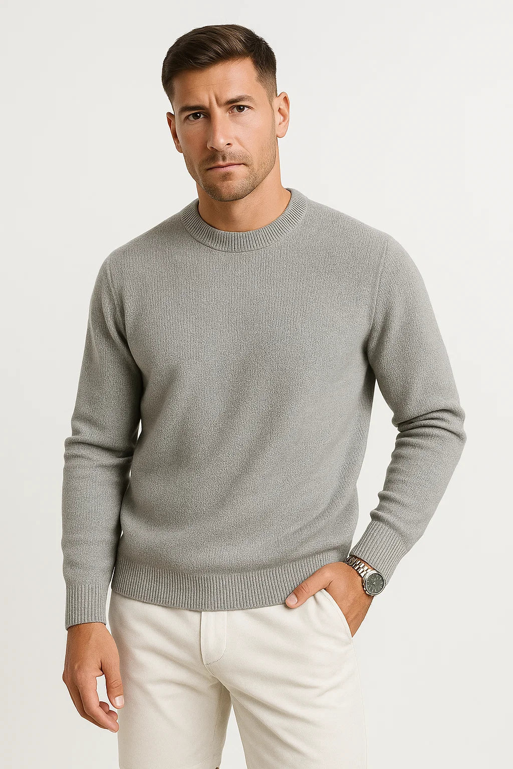 Stylischer Herrenpullover aus grauer Wolle mit Steppisolierung – Premium Wärme
