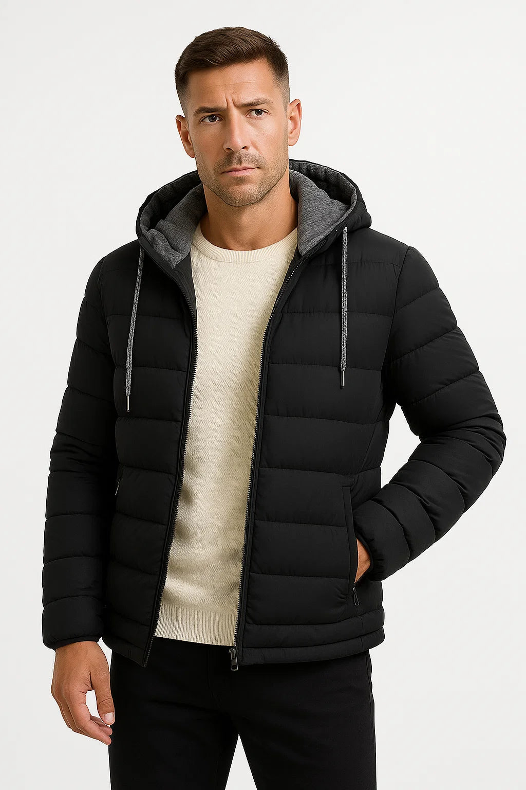 Leichte Winterjacke für Herren mit isolierter Kapuze und verstellbarem Kordelzug