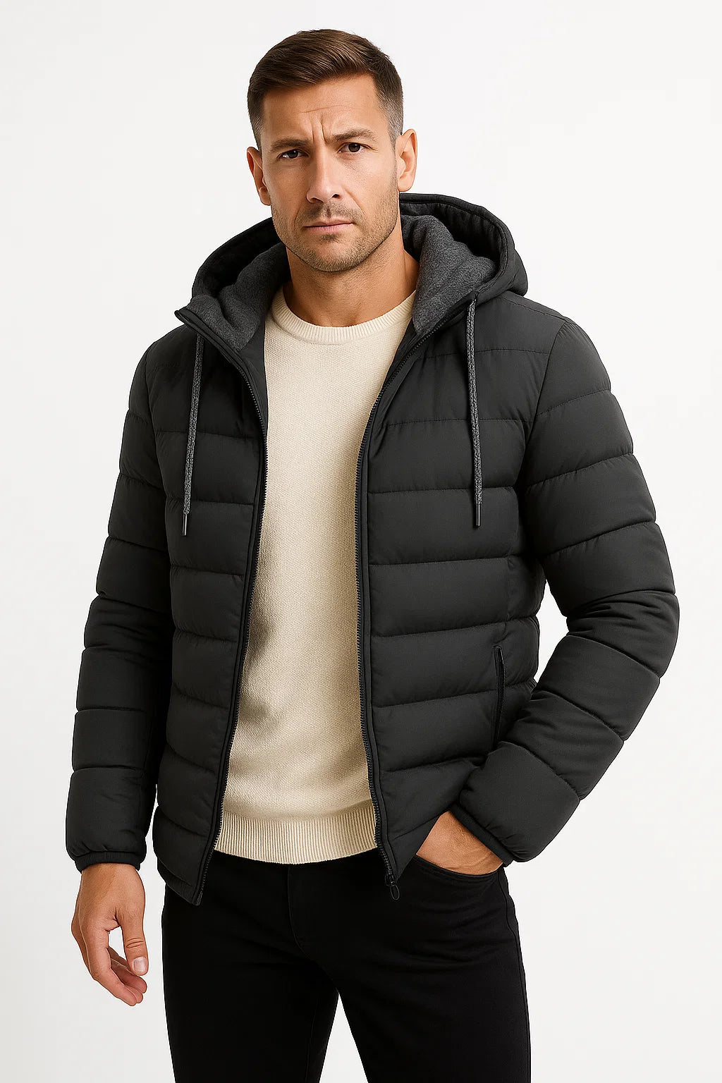 Leichte Winterjacke für Herren mit isolierter Kapuze und verstellbarem Kordelzug