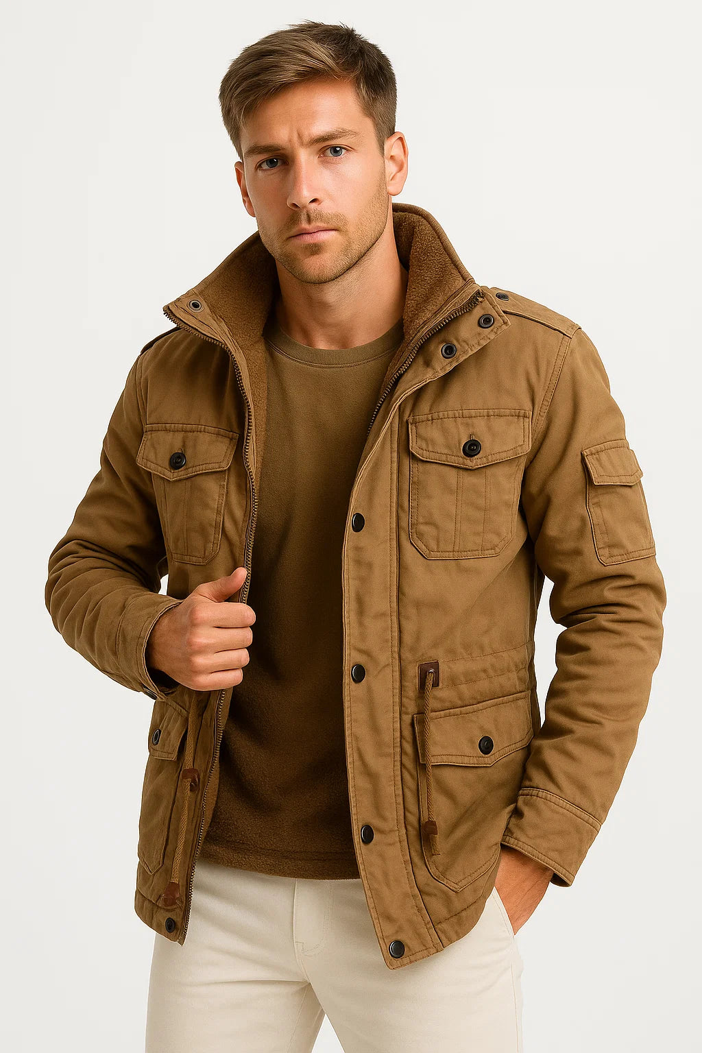 Herren Winterjacke Army Grün Fleece Thermo Kapuzenjacke Freizeit Outdoor Jacke