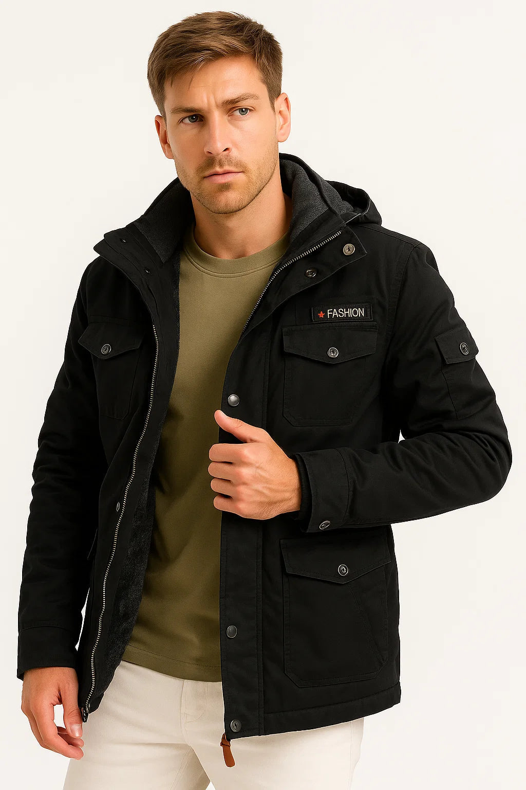Herren Winterjacke Army Grün Fleece Thermo Kapuzenjacke Freizeit Outdoor Jacke