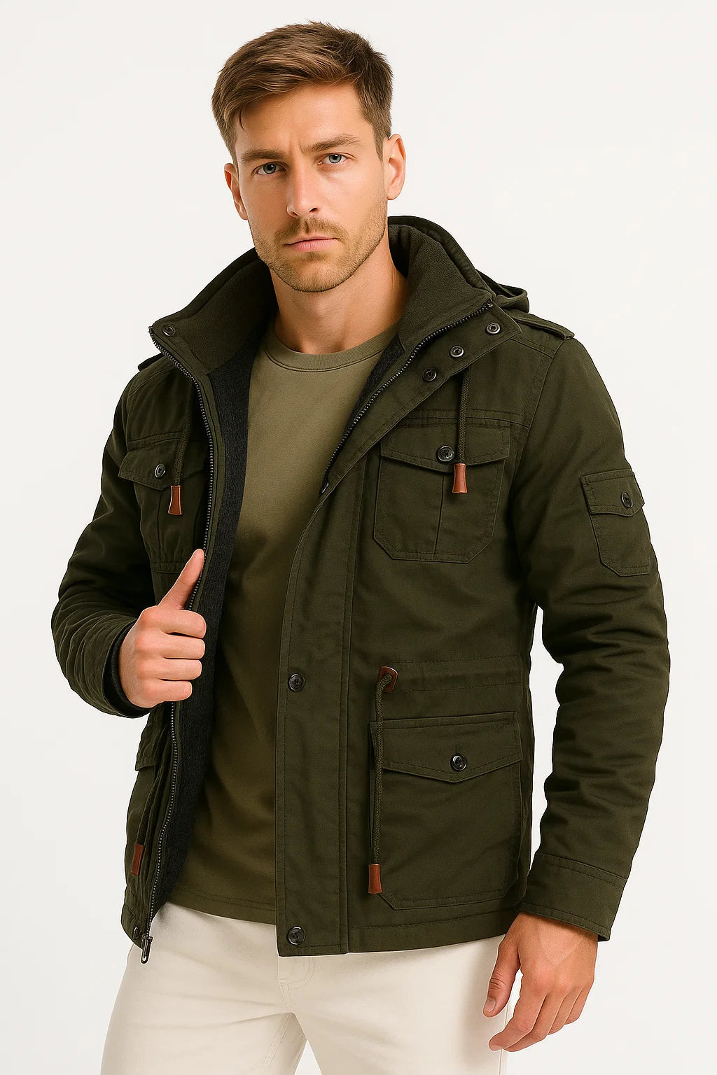 Herren Winterjacke Army Grün Fleece Thermo Kapuzenjacke Freizeit Outdoor Jacke