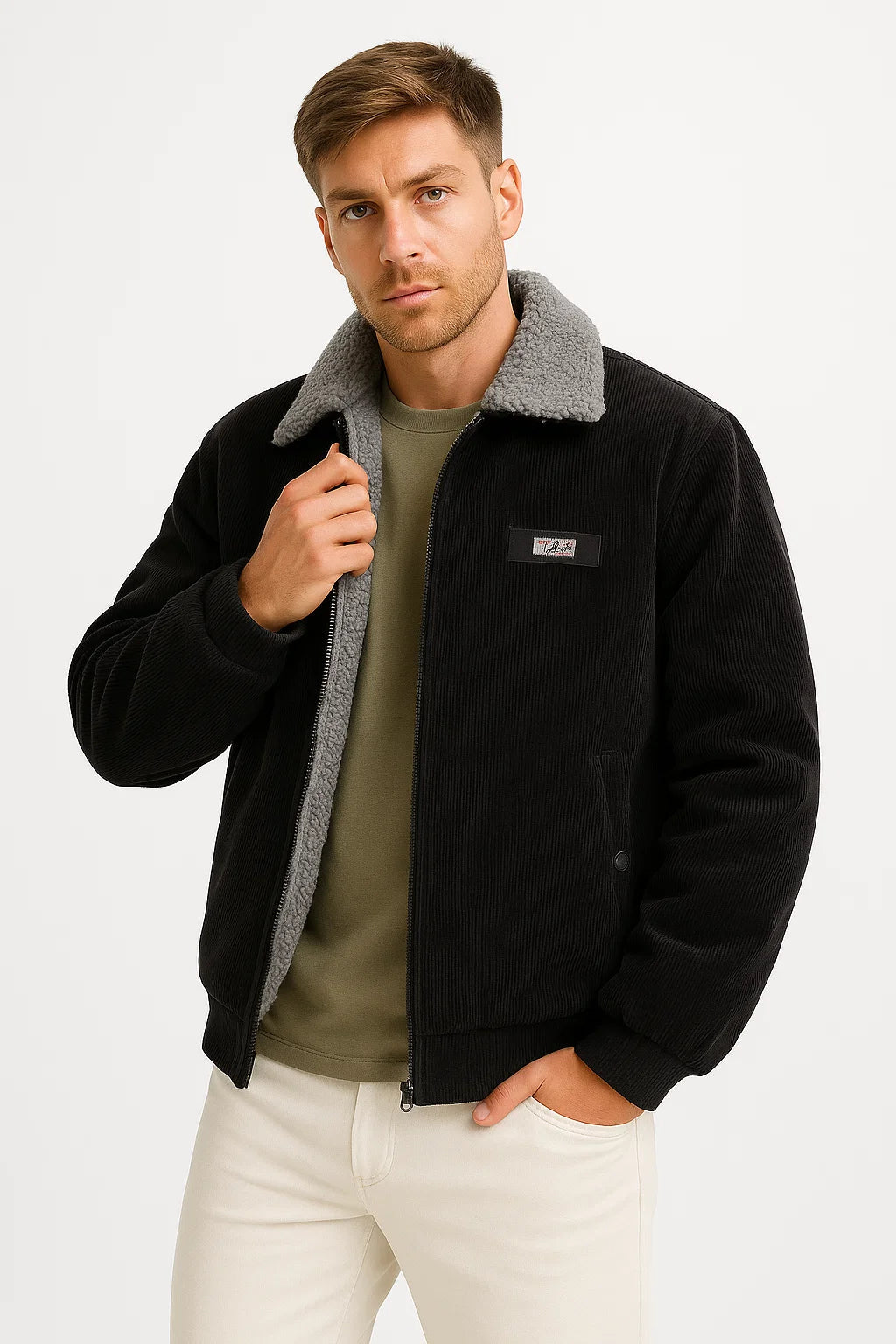 Herren Winterjacke Grau Fleecegefüttert Gerippter Hoher Kragen Bequem Stilvoll