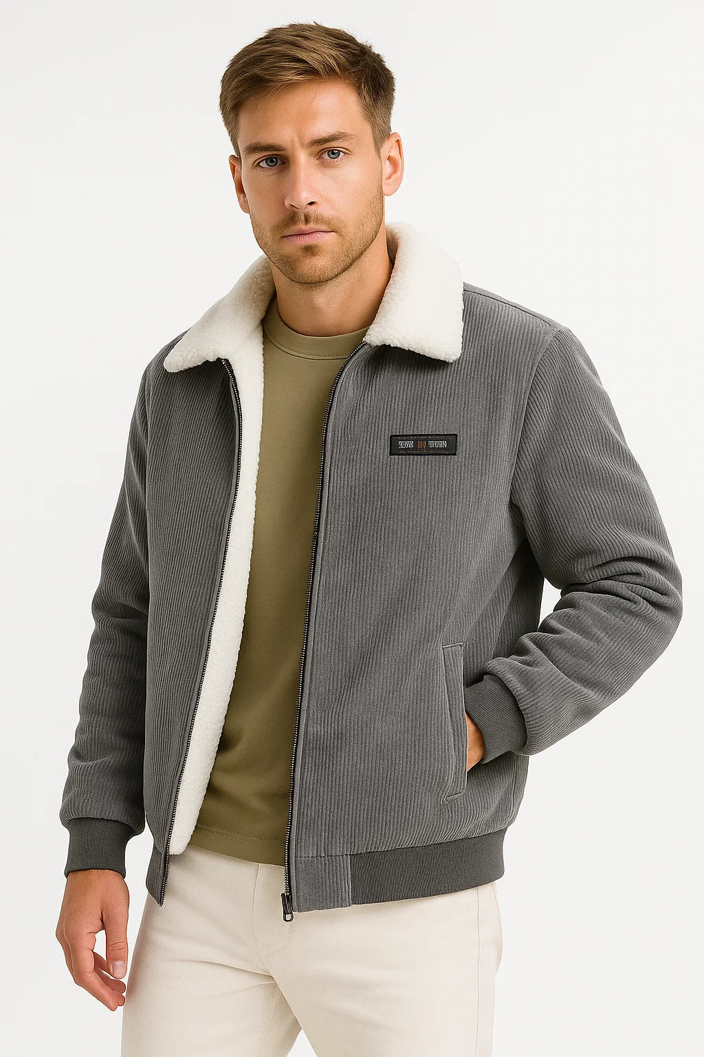 Herren Winterjacke Grau Fleecegefüttert Gerippter Hoher Kragen Bequem Stilvoll