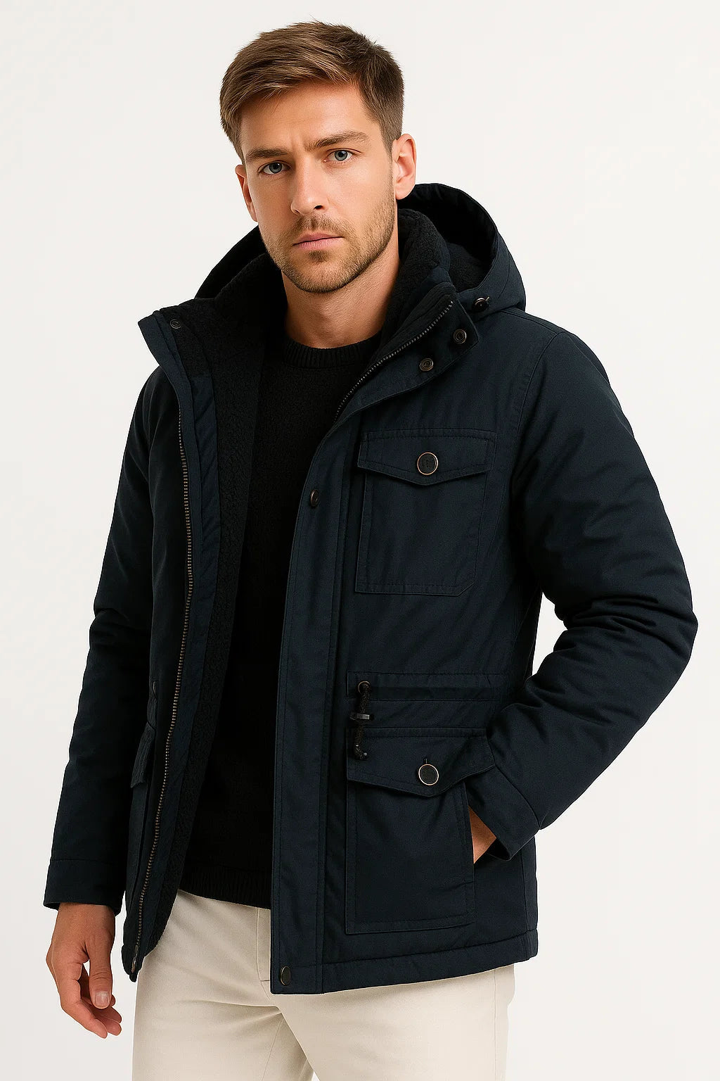 Herren Winterjacke Baumwolle Isoliert Winddicht Lässig Marineblau