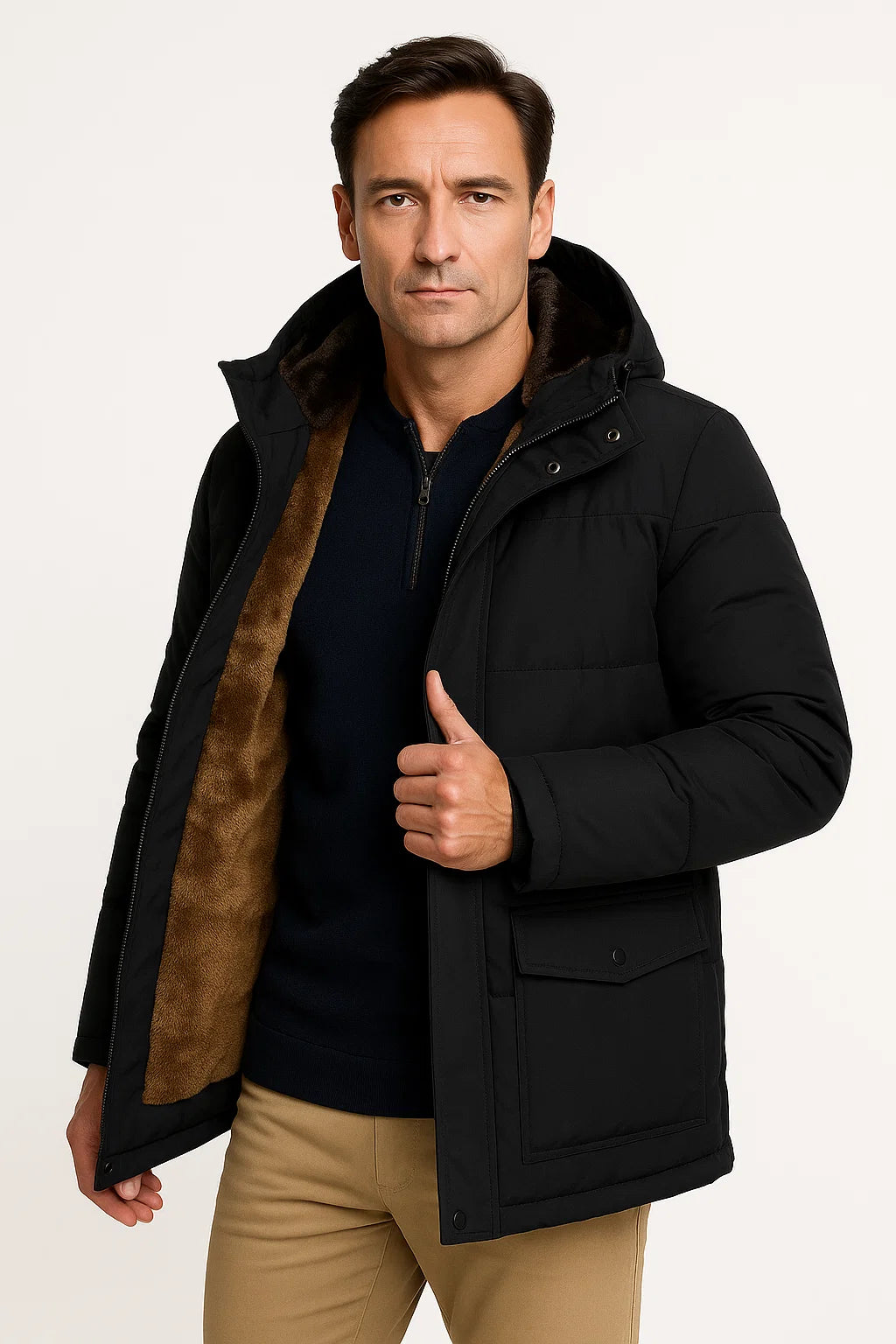 Herren Winterjacke Schwarze Lammwolle Oversized Kapuzen Dicke Padded Jacke