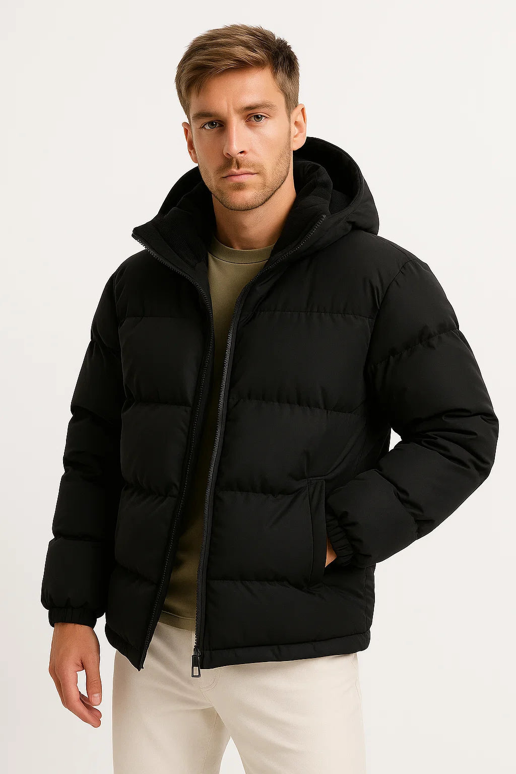 Leichte isolierte Herren-Pufferjacke mit Kapuze und Taschen