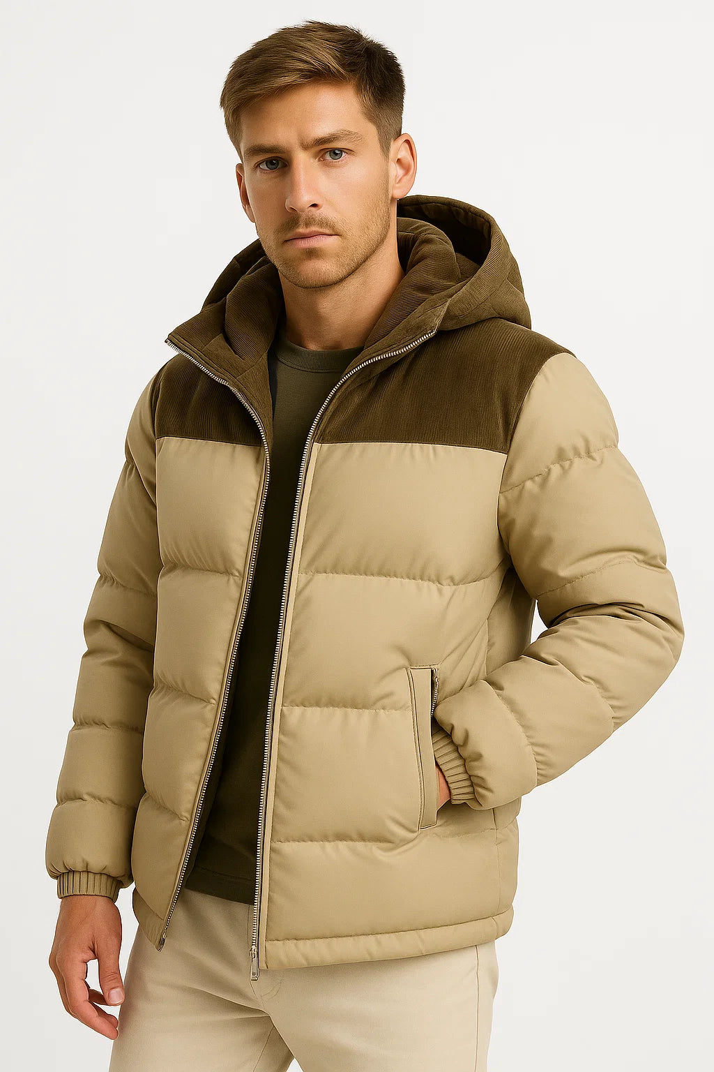 Leichte isolierte Herren-Pufferjacke mit Kapuze und Taschen