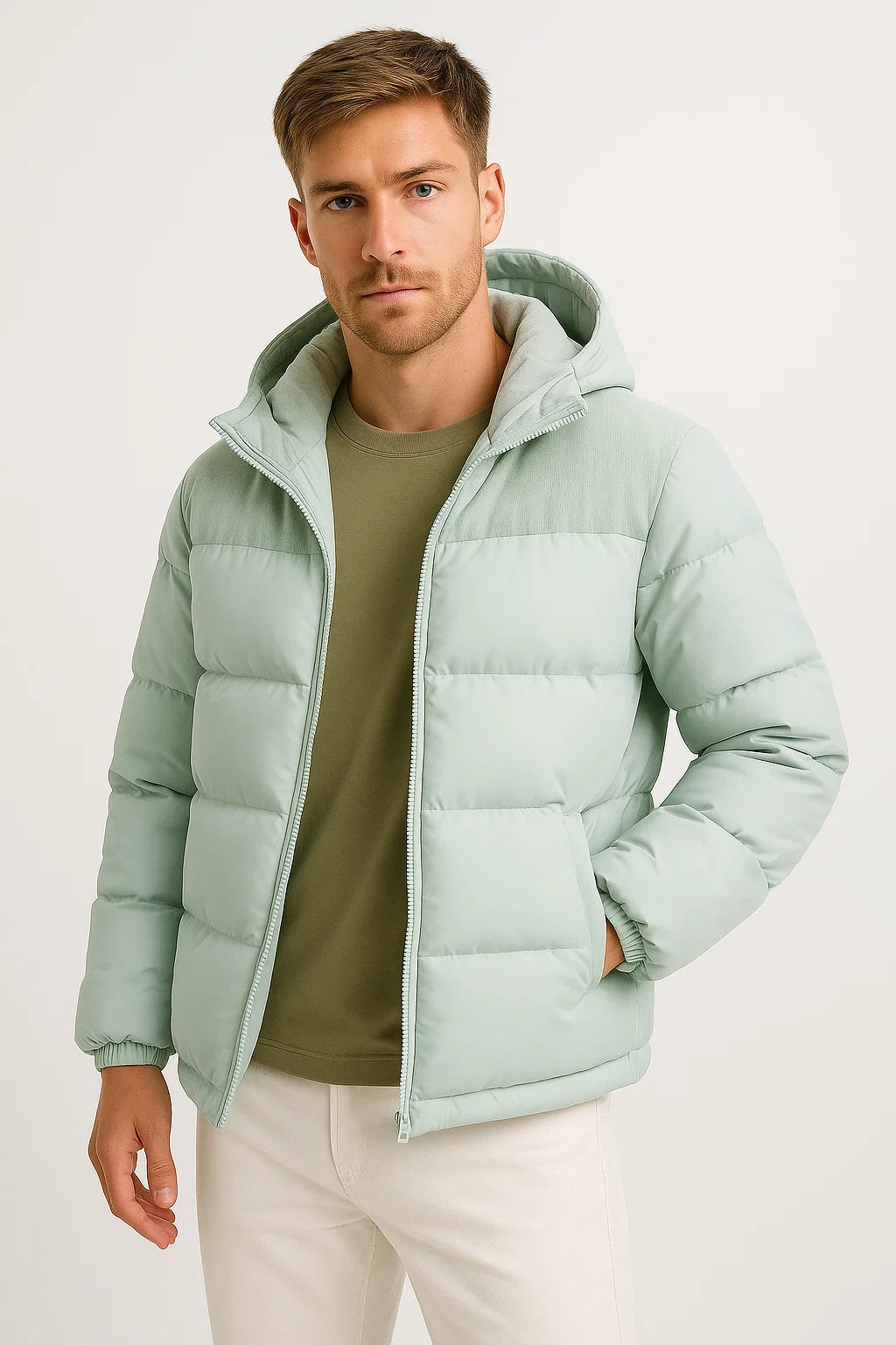 Leichte isolierte Herren-Pufferjacke mit Kapuze und Taschen