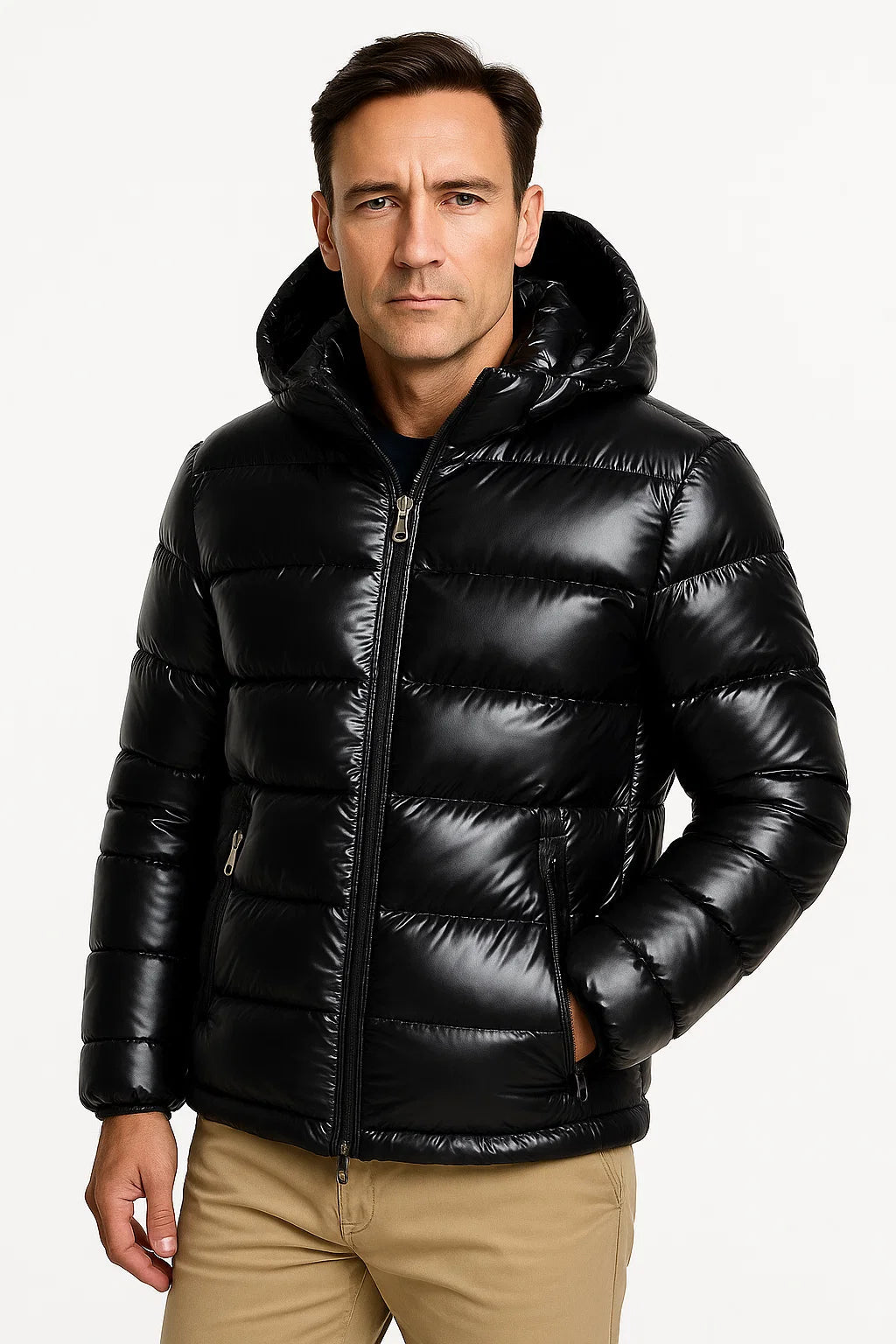 Leichte Polyester-Pufferjacke für Herren mit verstellbarer Kapuze und schlanker Passform