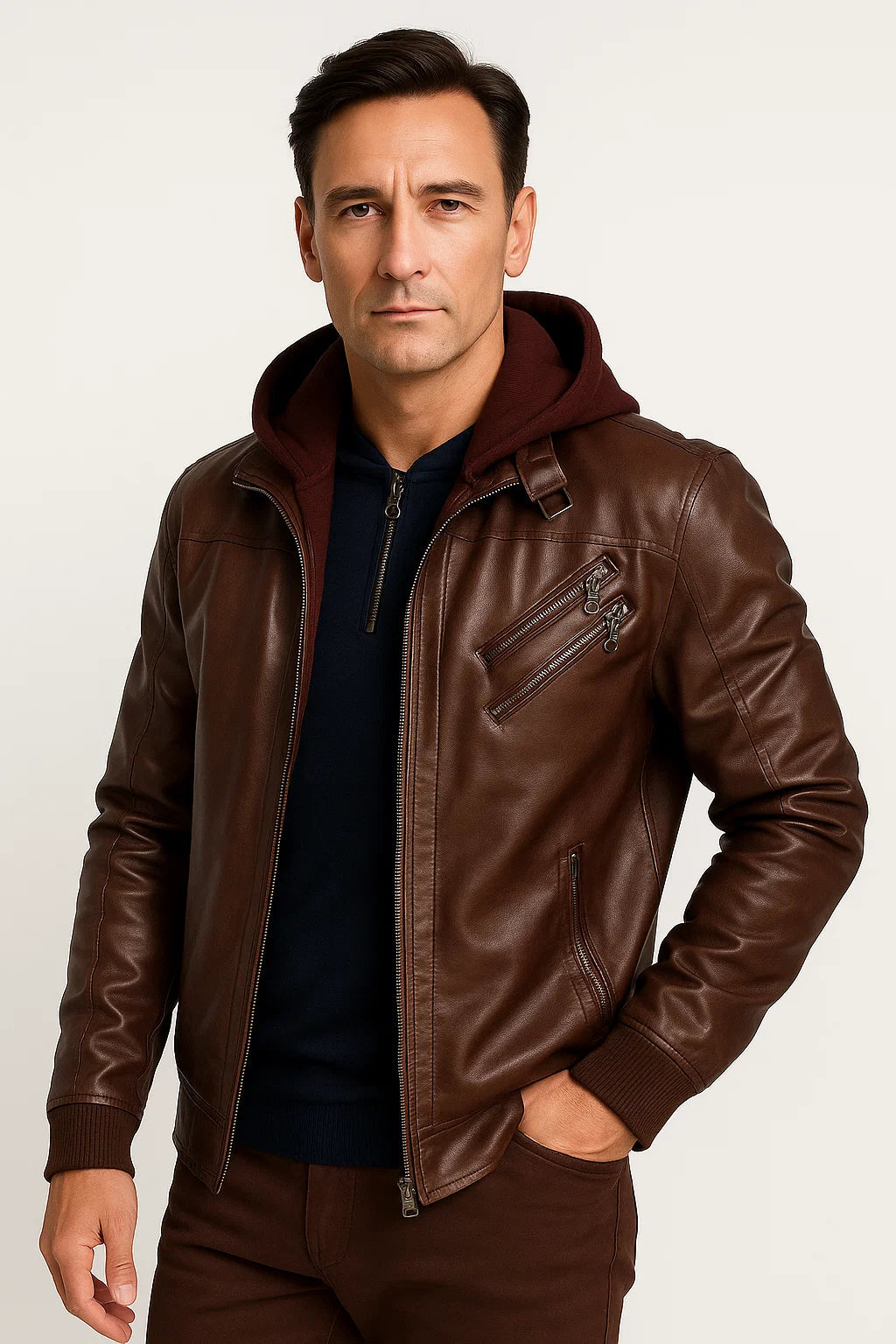 Herren Winterjacke Wasserdicht Schwarz PU-Leder Abnehmbare Kapuze Lässig Stylisch