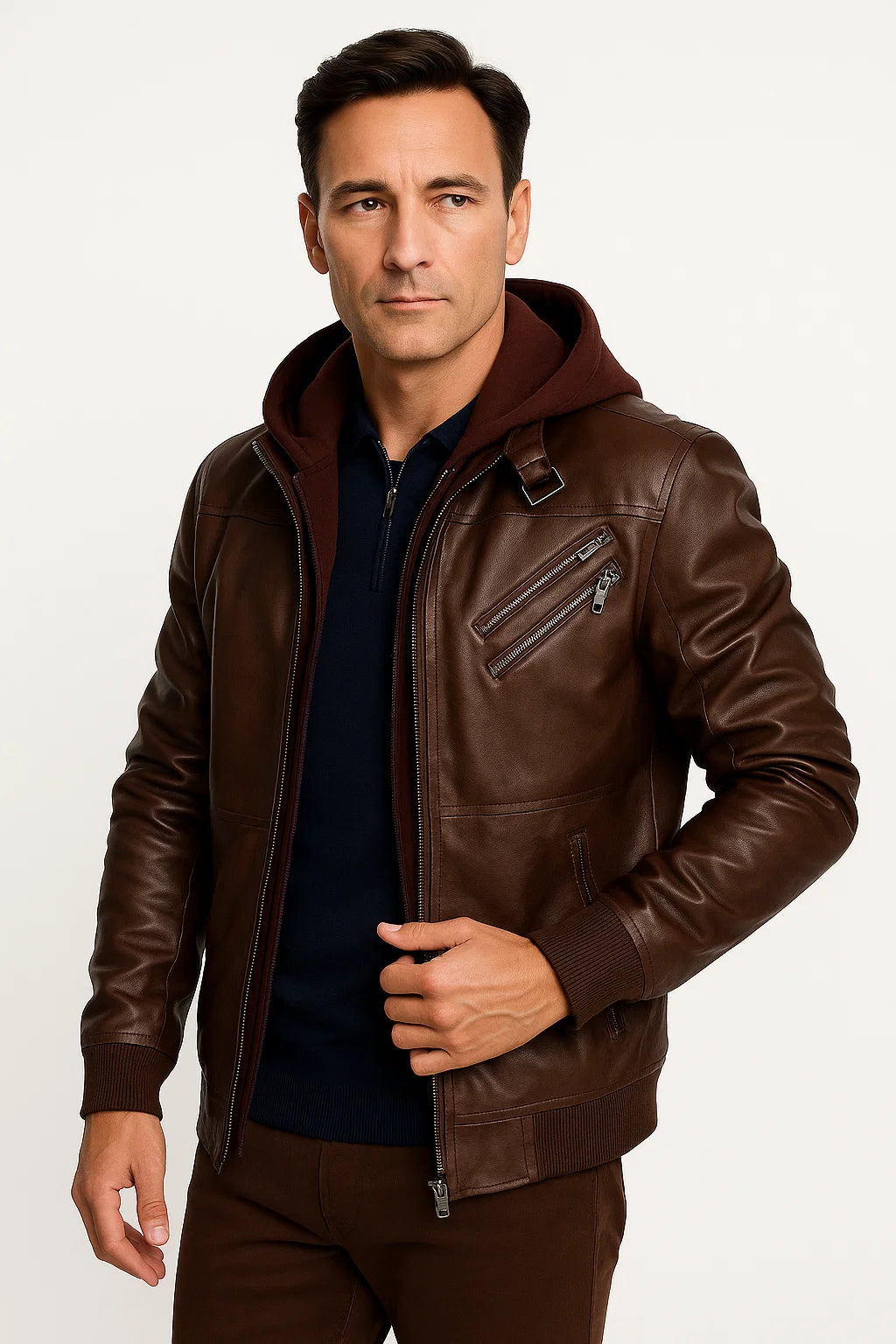 Herren Winterjacke Wasserdicht Schwarz PU-Leder Abnehmbare Kapuze Lässig Stylisch