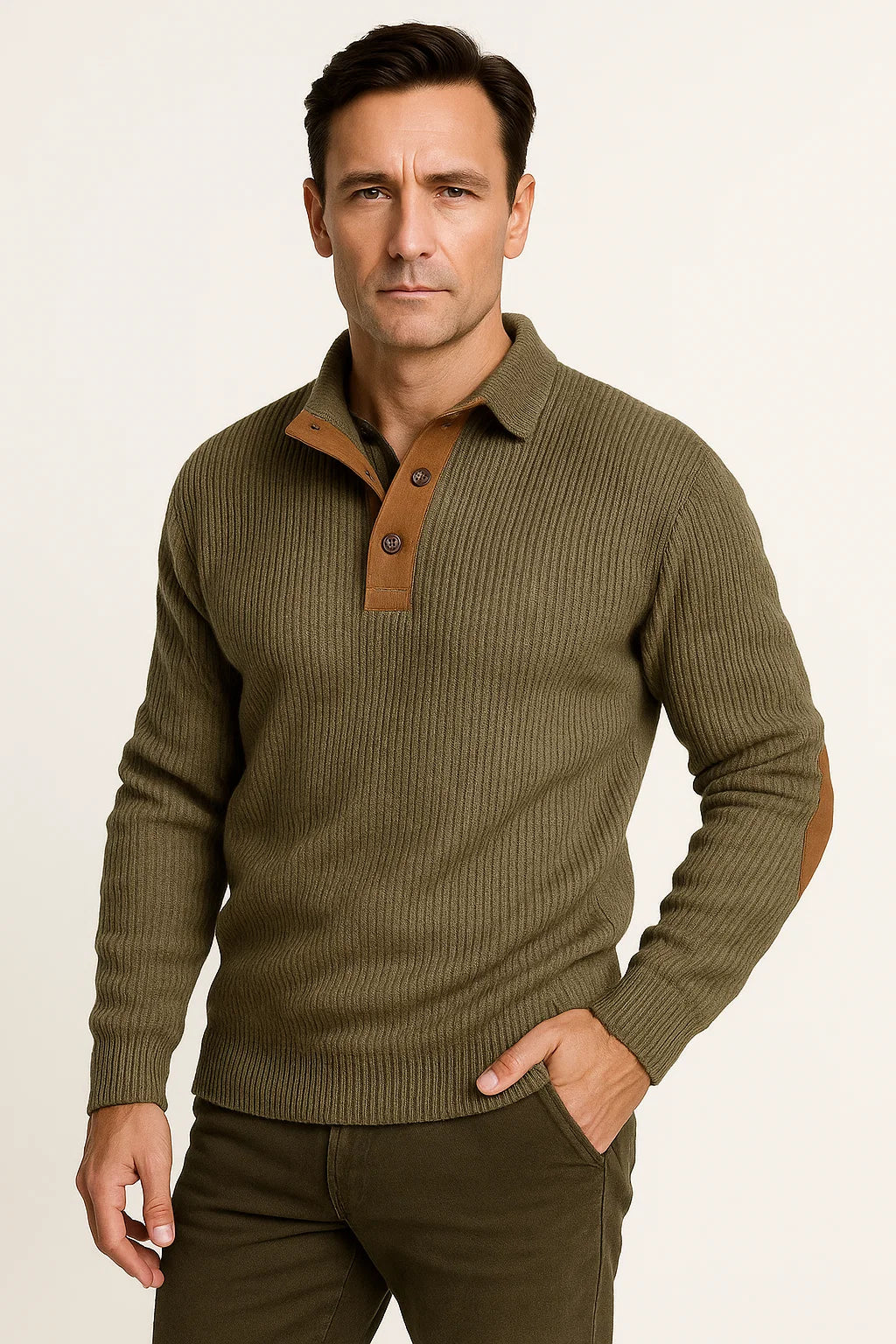 Klassischer Herrenpullover aus Polyester mit lässigen Wildleder-Ellbogenpatches und Knopfleiste
