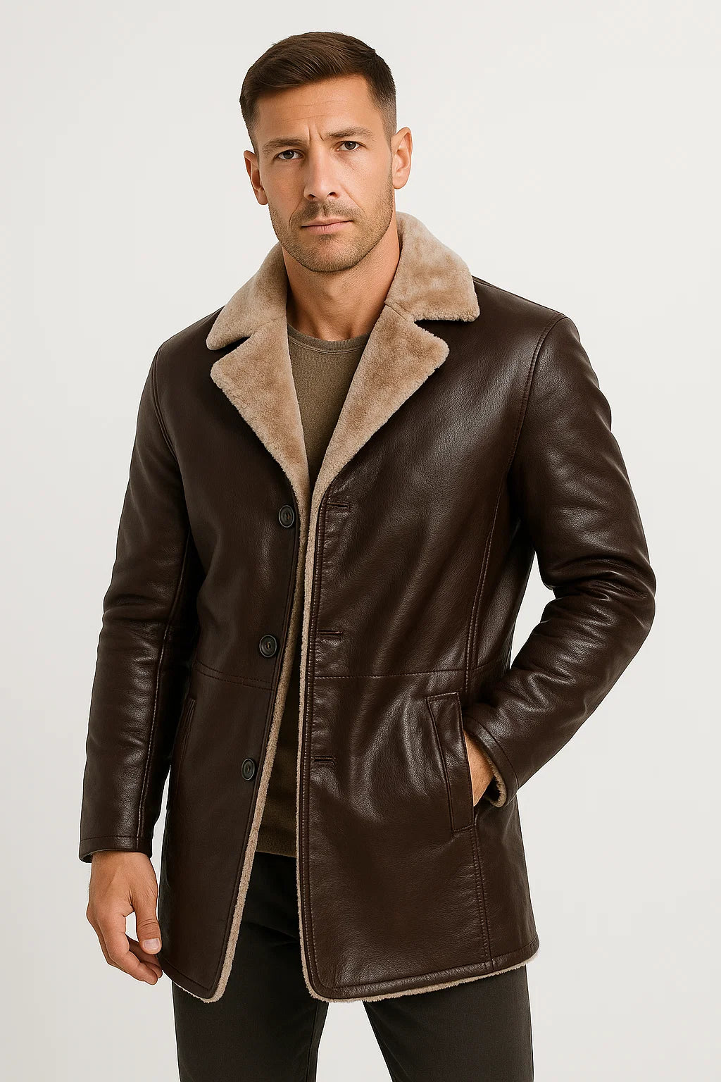 Herren Kunstlederjacke Lang geschnitten Maßgeschneiderter Reverskragen Winterbekleidung