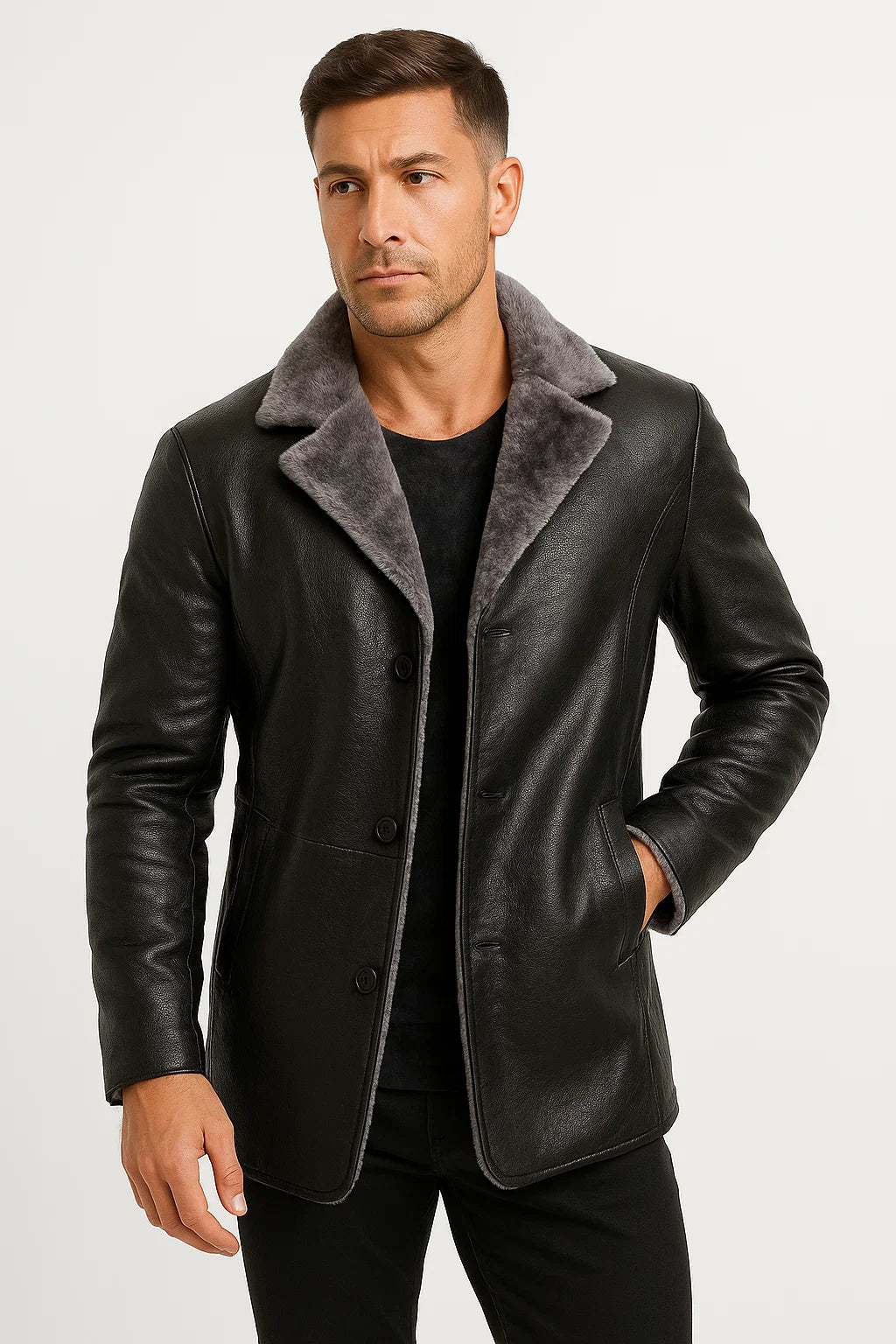 Herren Kunstlederjacke Lang geschnitten Maßgeschneiderter Reverskragen Winterbekleidung