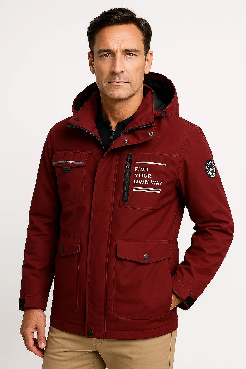 Herren Pufferjacke Rot Wasserabweisend Polyester Isoliert Verstellbare Kapuze