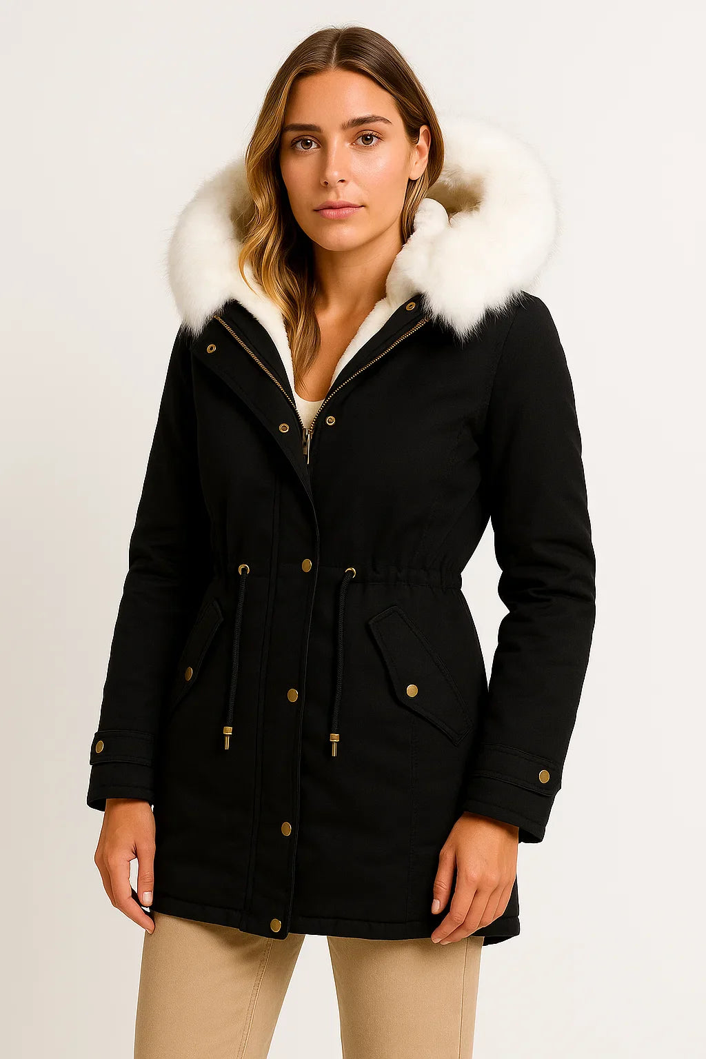 Damen Winterjacke Grau Polyester Lange Kapuze Knopfdetail Fleece-Futter Bequem und Stilvoll