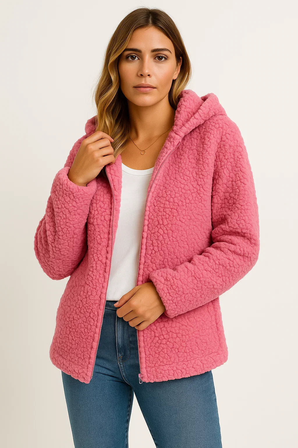 Damenmantel Beige Teddy-Fleece mit Taschen Reißverschluss Elegante Winterjacke