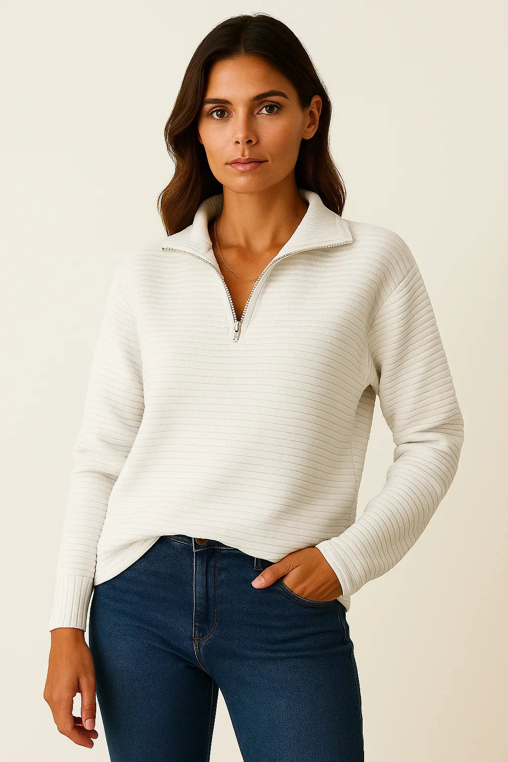 Damenpullover V-Ausschnitt Halb-Reißverschluss Schwarz Viskose Elasthan Elegant Casual