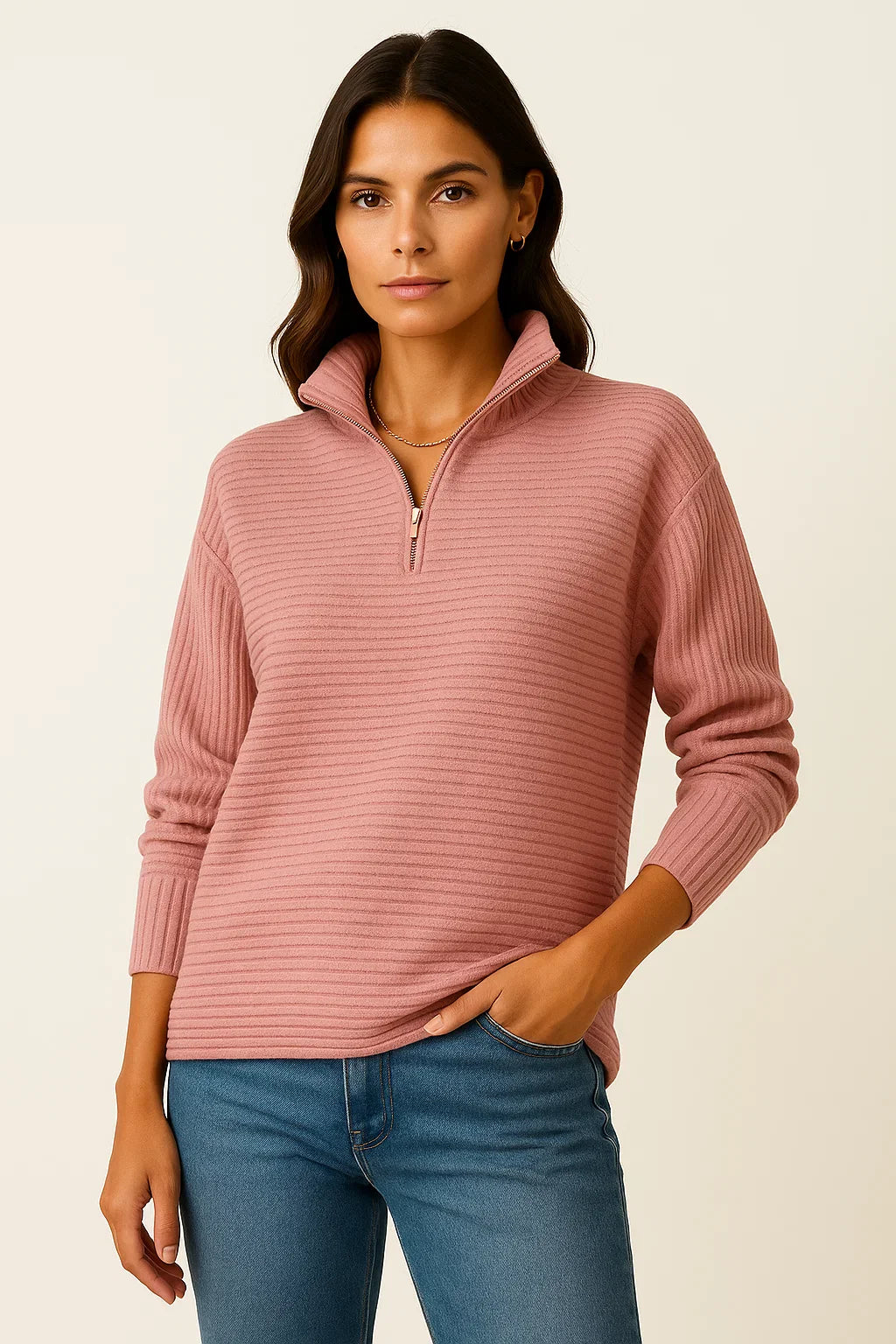 Damenpullover V-Ausschnitt Halb-Reißverschluss Schwarz Viskose Elasthan Elegant Casual