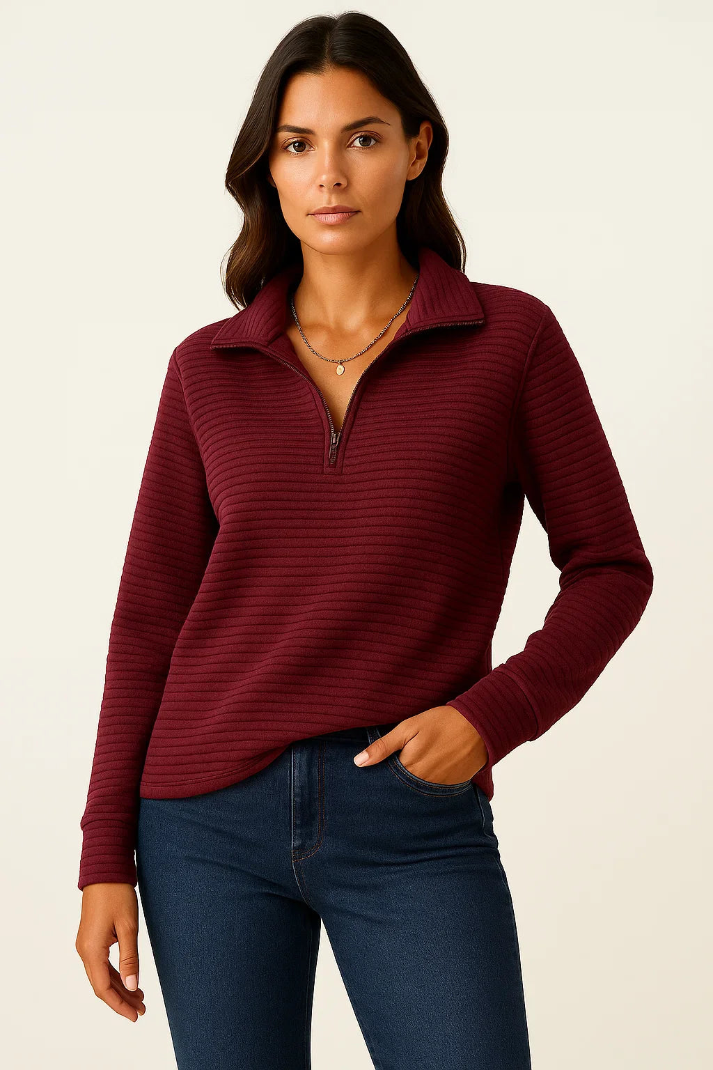 Damenpullover V-Ausschnitt Halb-Reißverschluss Schwarz Viskose Elasthan Elegant Casual