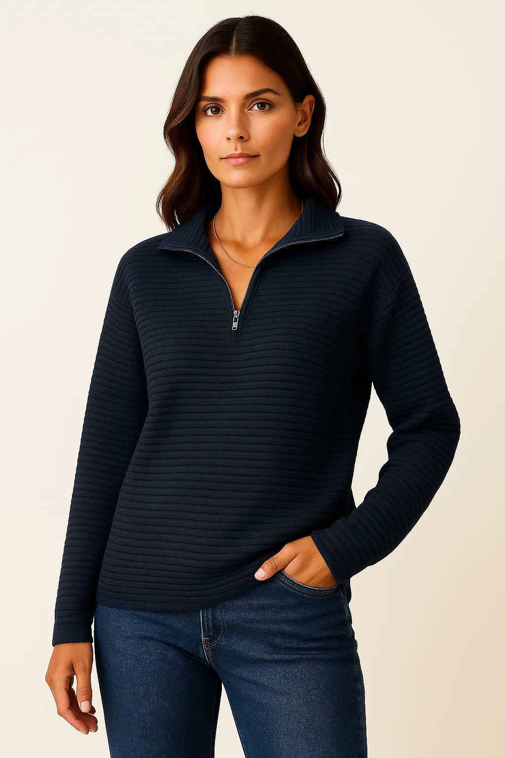 Damenpullover V-Ausschnitt Halb-Reißverschluss Schwarz Viskose Elasthan Elegant Casual