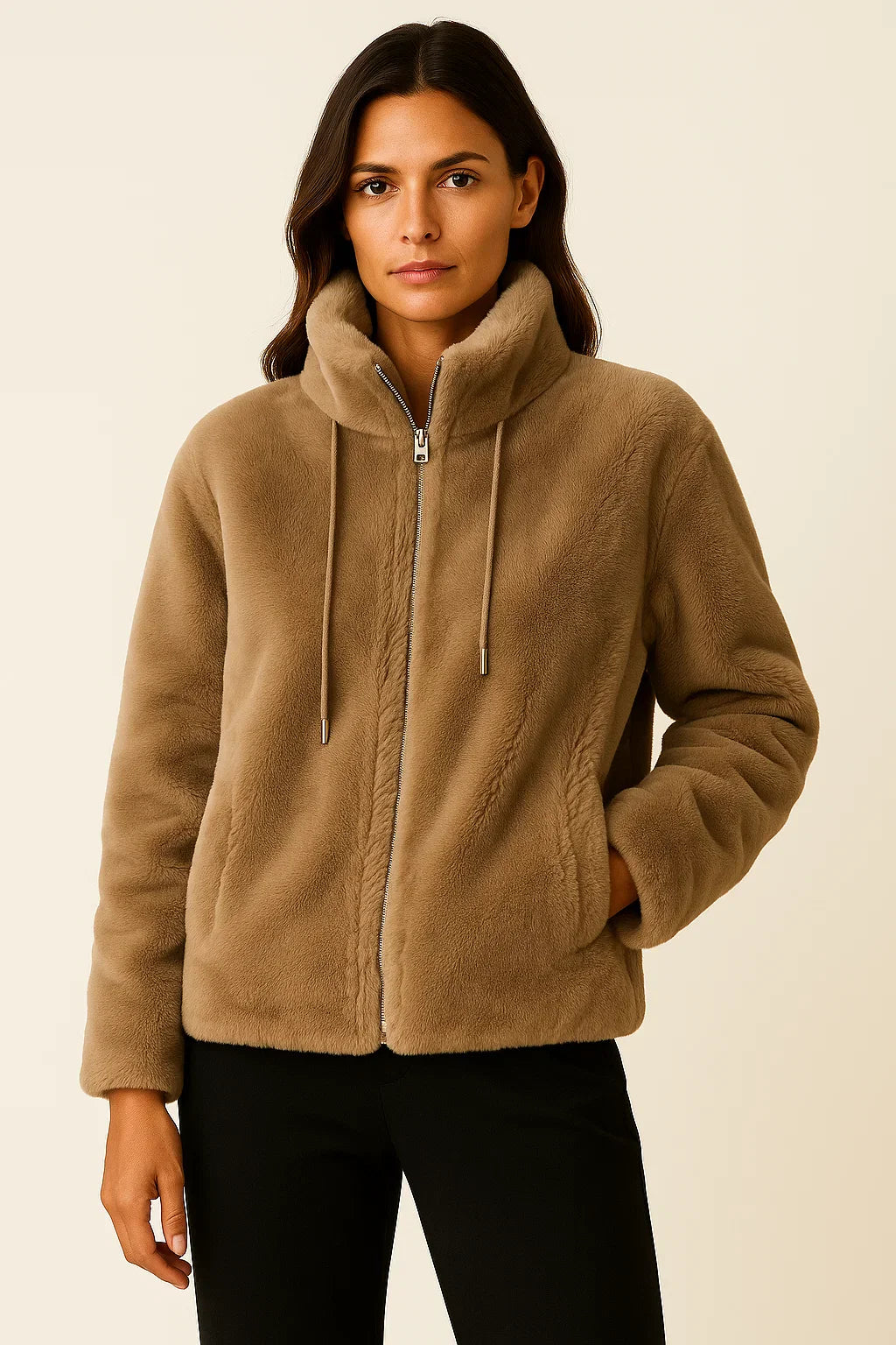 Winterjacke Damen Khaki Weiches Teddy-Material Lässige Lange Ärmel Mit Reißverschluss