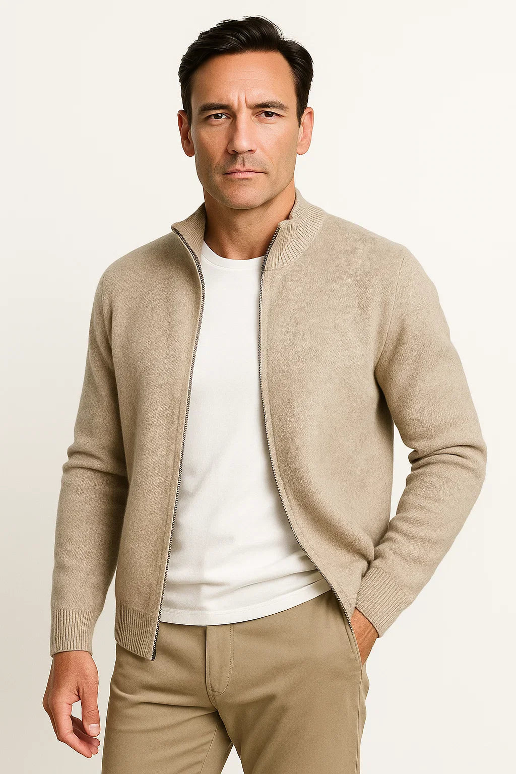 Herren Zip-Up Cardigan aus 100% Merinowolle mit Dickem Stehkragen