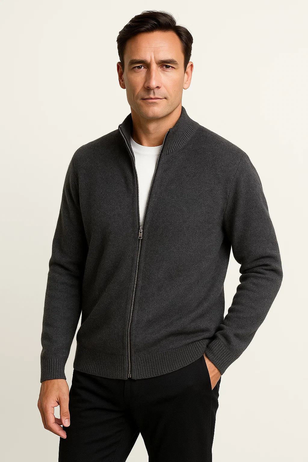 Herren Zip-Up Cardigan aus 100% Merinowolle mit Dickem Stehkragen