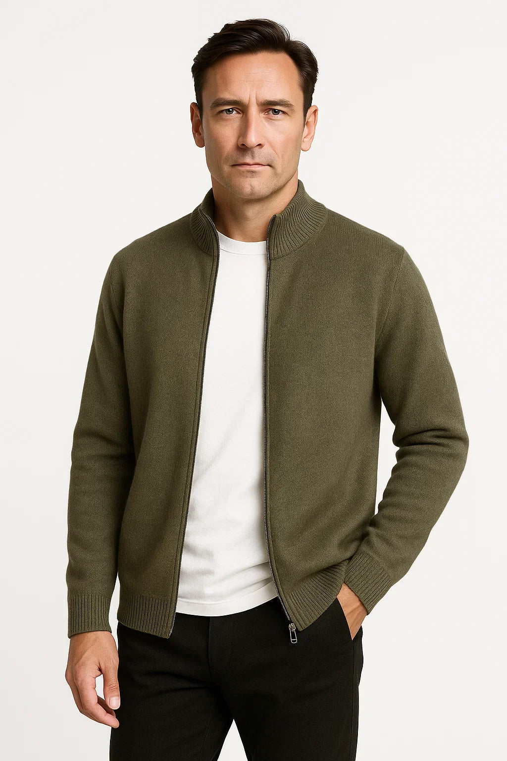 Herren Zip-Up Cardigan aus 100% Merinowolle mit Dickem Stehkragen