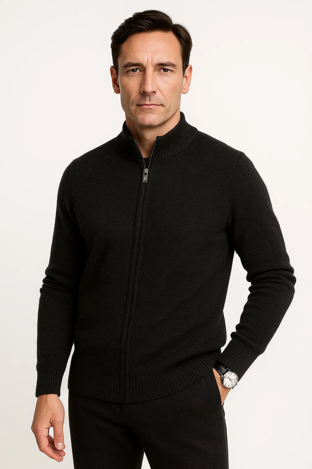 Herren Zip-Up Cardigan aus 100% Merinowolle mit Dickem Stehkragen