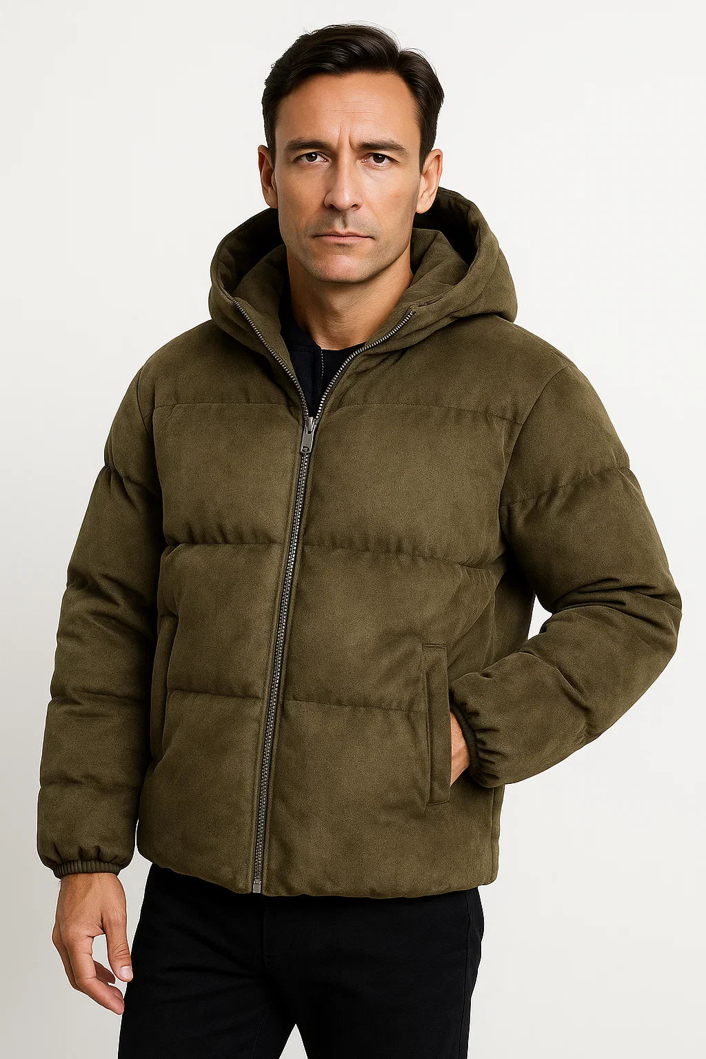 Herren Pufferjacke mit Kapuze aus Polyester, Wildleder-ähnlich, isolierte Winteroberbekleidung