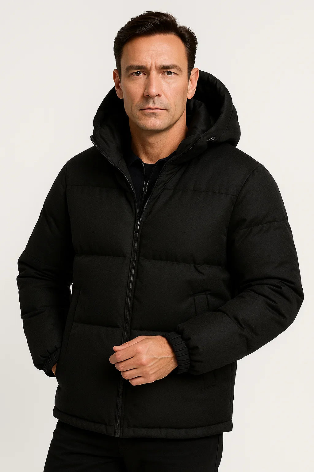 Herren Pufferjacke mit Kapuze aus Polyester, Wildleder-ähnlich, isolierte Winteroberbekleidung