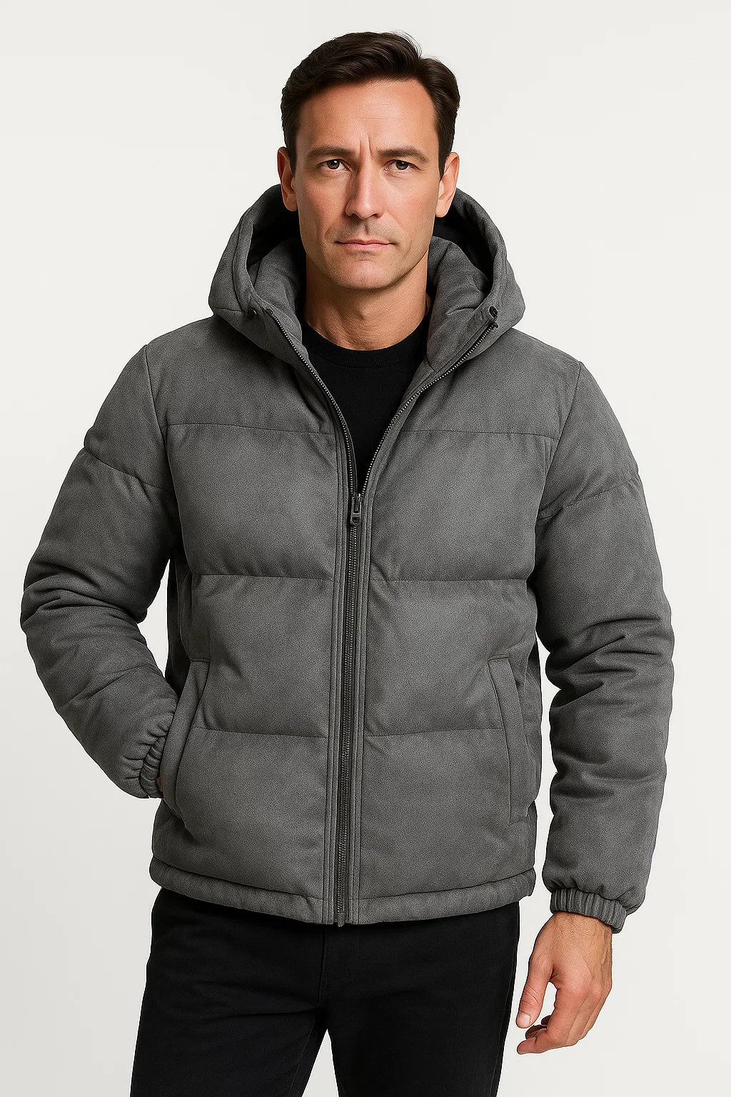 Herren Pufferjacke mit Kapuze aus Polyester, Wildleder-ähnlich, isolierte Winteroberbekleidung