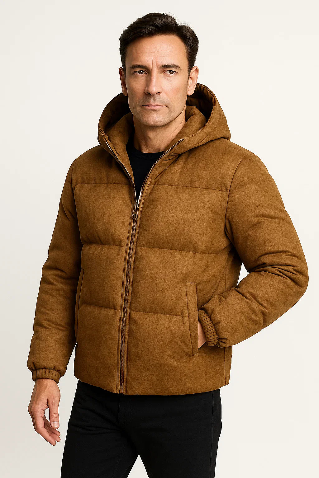 Herren Pufferjacke mit Kapuze aus Polyester, Wildleder-ähnlich, isolierte Winteroberbekleidung