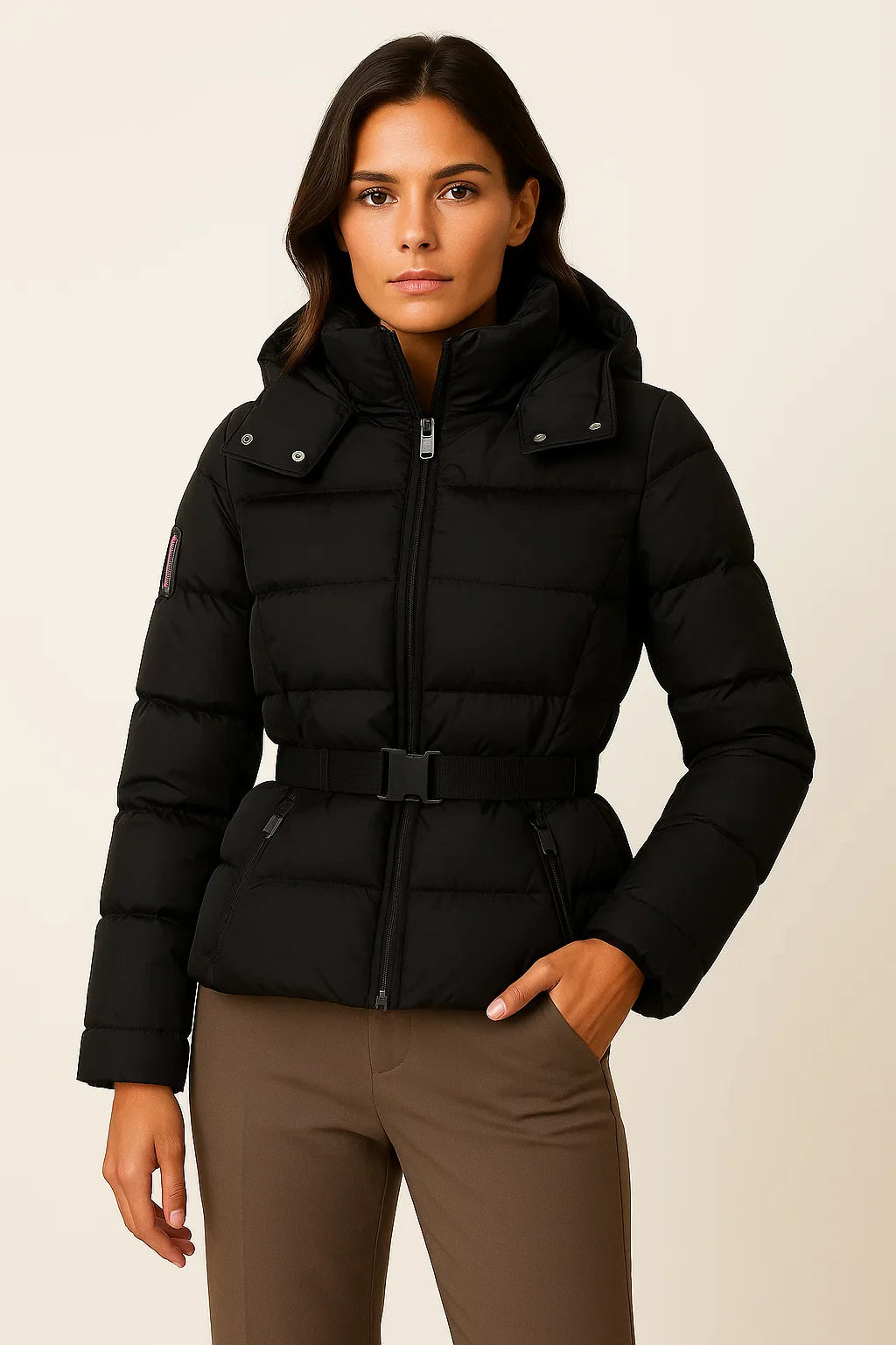 Damen Schwarze Pufferjacke Wasserabweisend Mit Gürtel Polyester