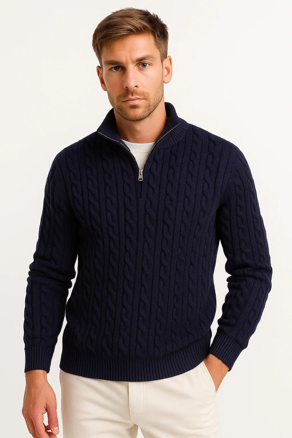 Schwergewicht Herren Quarter-Zip Pullover im Kabelstrick-Design