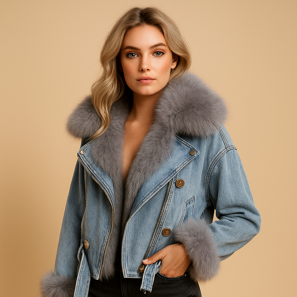 Gekürzte Denim-Winterjacke mit Kunstfell für Damen | Lieke