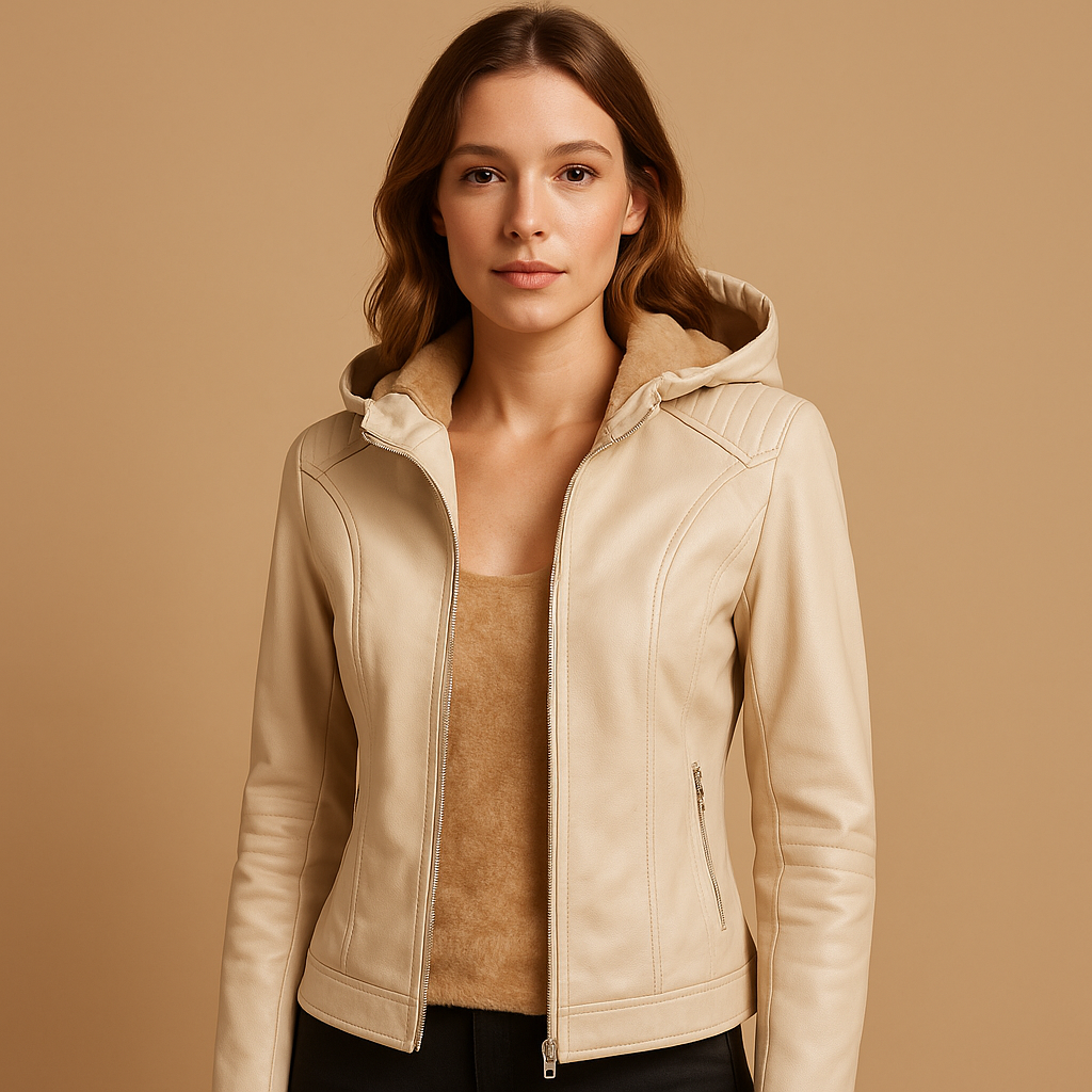 Faux-Lederjacke mit Kapuze und goldenen Reißverschlüssen für Damen | Yara