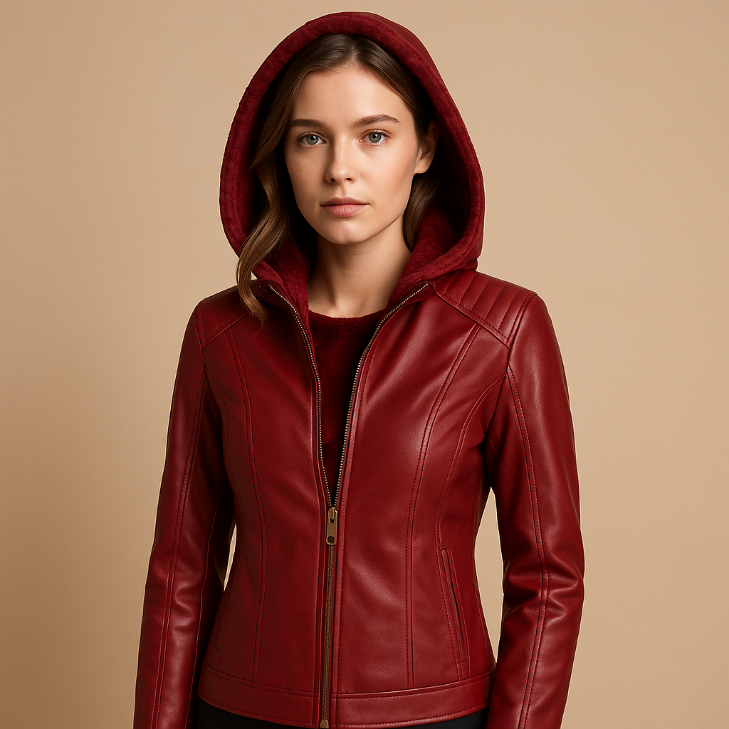 Faux-Lederjacke mit Kapuze und goldenen Reißverschlüssen für Damen | Yara