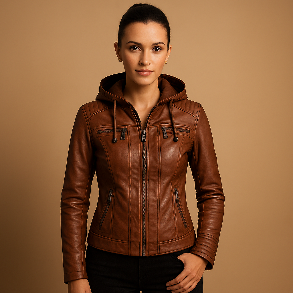 Kurze Lederjacke mit abnehmbarer Kapuze für Damen | Nadine