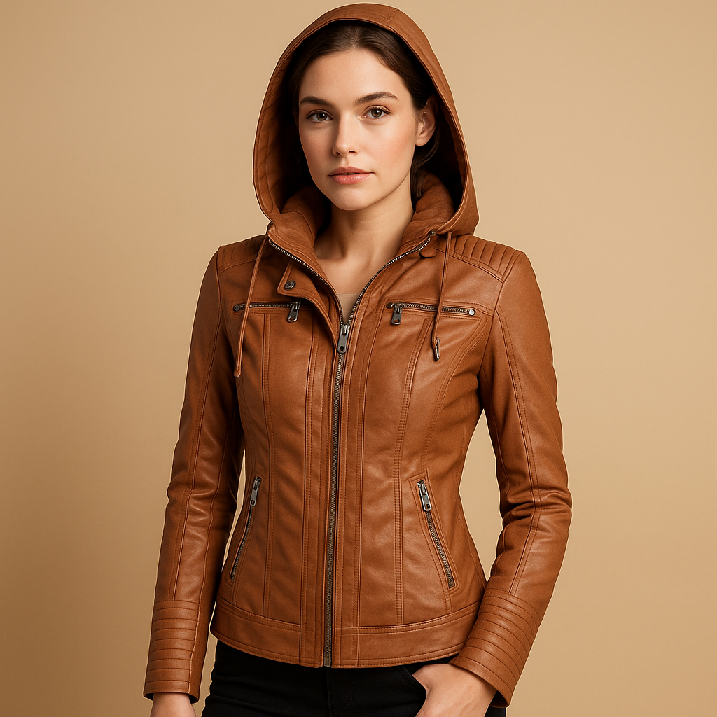 Kurze Lederjacke mit abnehmbarer Kapuze für Damen | Nadine
