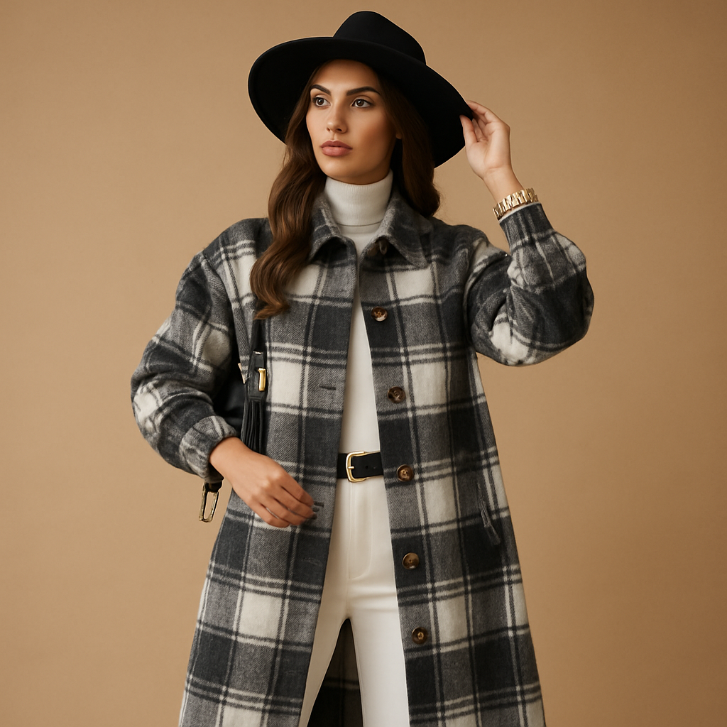 Lange karierte Wolljacke für Damen | Marit