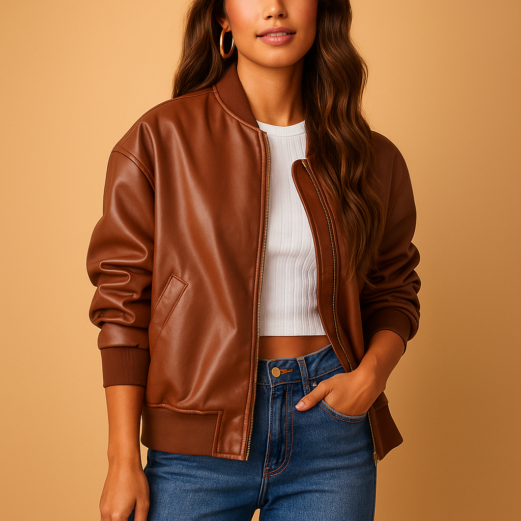 Lange Lederjacke im Baseballstil für Damen | Yara