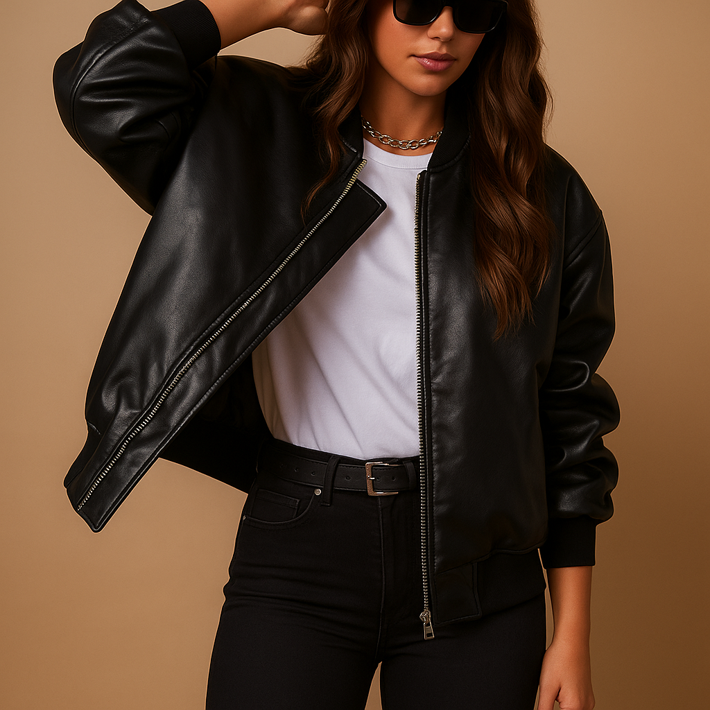 Lange Lederjacke im Baseballstil für Damen | Yara