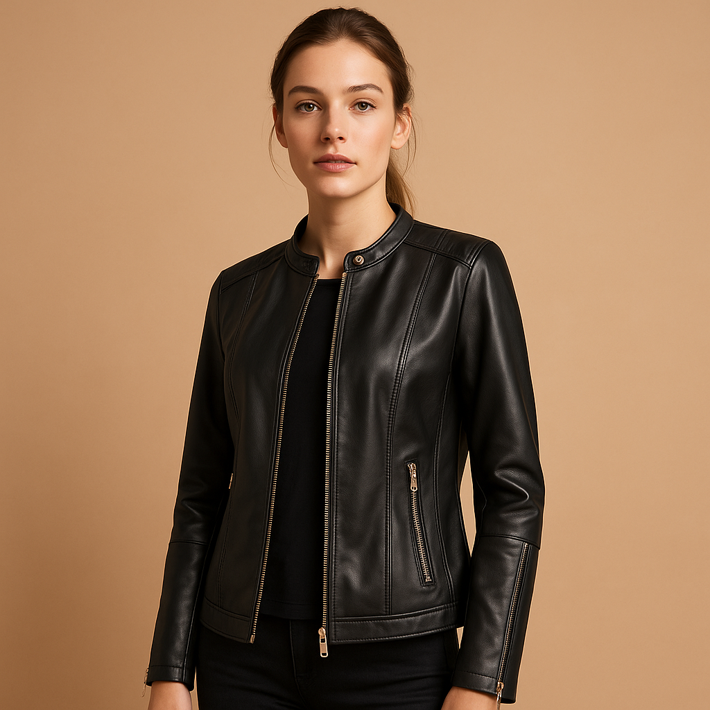 Leder-Bikerjacke mit Reißverschluss und Kragen für Damen | Sanne