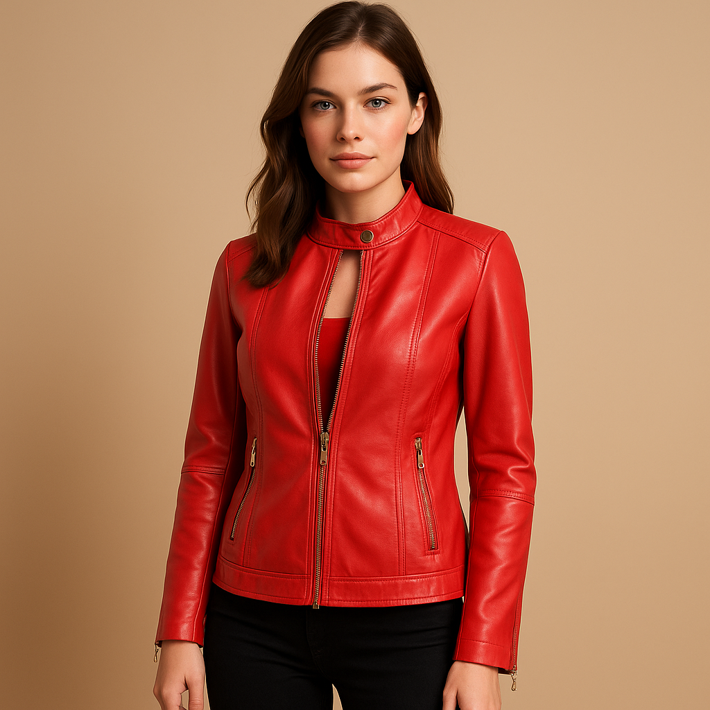 Leder-Bikerjacke mit Reißverschluss und Kragen für Damen | Sanne